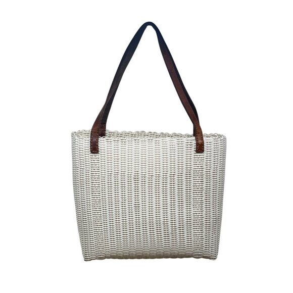 Fibra White Woven Brown Handles 97% Recycled Plastic Lightweight Tote Bag Sz M - Picture 4 of 9
